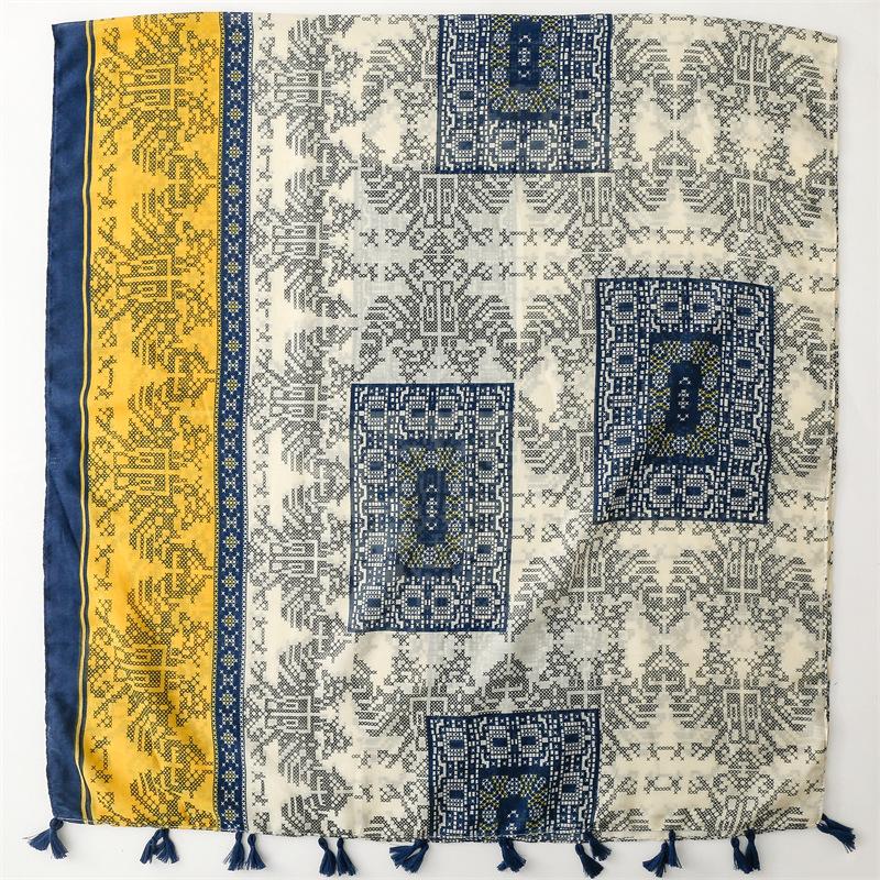 Четыре сезона, доступные для женщин, с хлопковым и льняным оттенком, шарф из балийской пряжи, экзотический этнический стиль, узор для вышивки крестом, шарф с кисточками