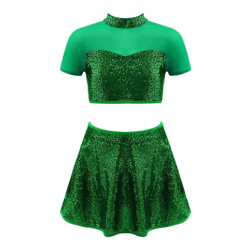 Детский блестящий танцевальный костюм для девочек, кроп-топ со стойкой, сетчатая вставка, открытая спина, с юбкой
