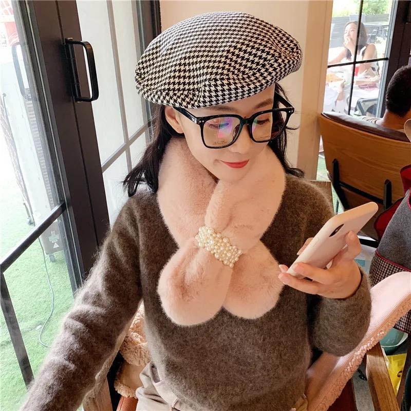 Women Winter Net Red Thicken Solid Color Faux Rabbit Fur Plush Cross Collar Scarf Shawl