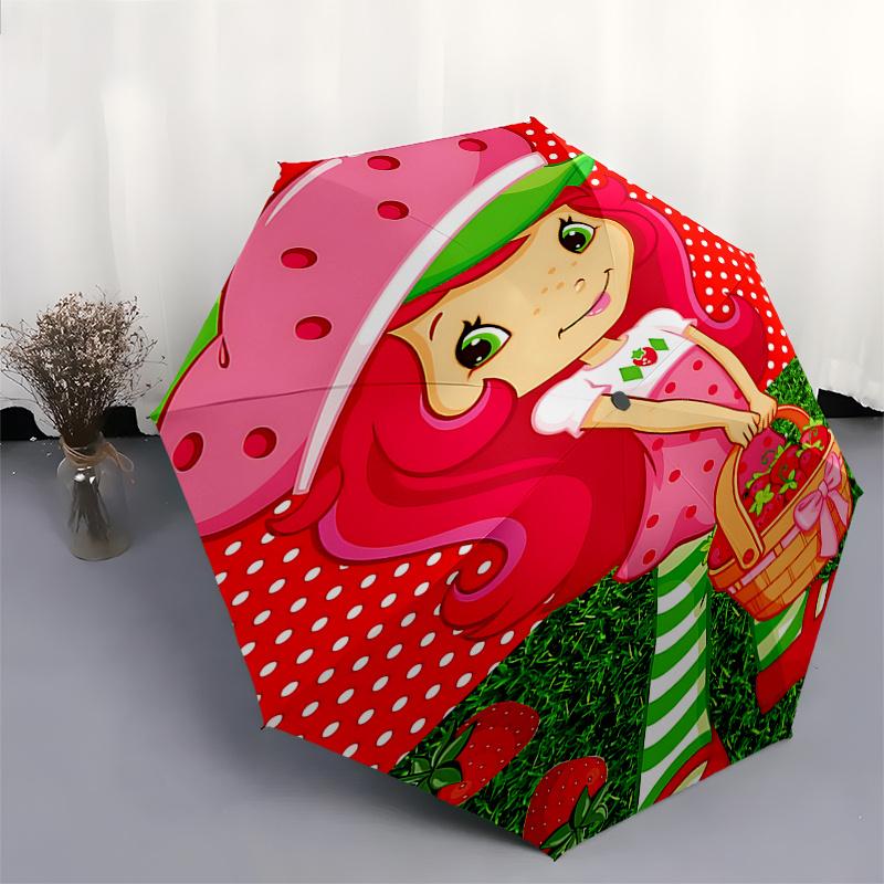 Strawberry Shortcake Automatic Opening/Closing Umbrella - Portable Three-Fold Design with 8-Bone Iron Frame - for Fans, Travelers, and Daily