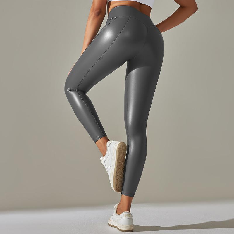 Tooxika New Style Bright Leather Stitching Leather Pants Sexy Elastic Tight High Waist Nine-point Trousers