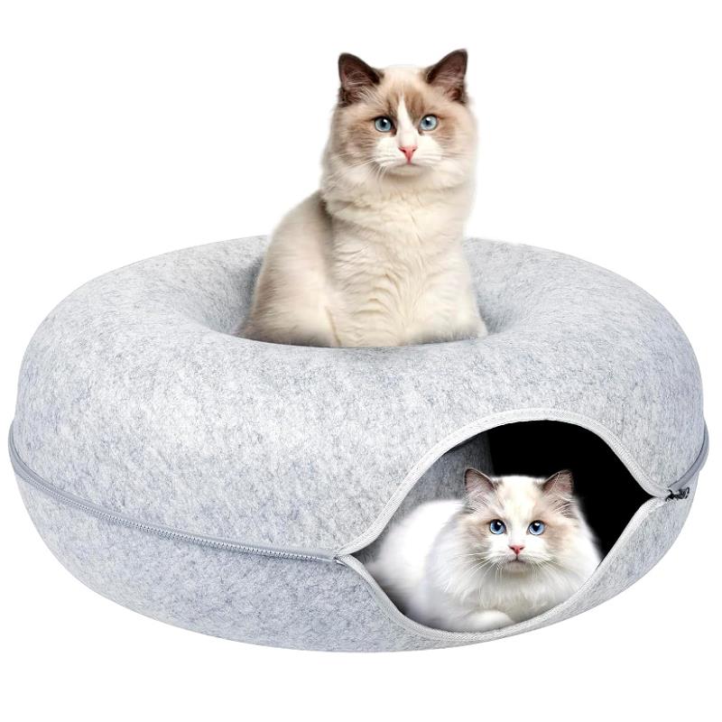 Round Tunnel Cat Bed Comfortable Donut House - light gray