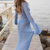 Women Long Sleeve Crochet Knit Sexy Backless Cut Out Elegant Summer Beach Holiday Maxi Dress