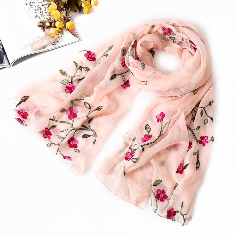 Spring And Summer New Flower Embroidery Ten Mile Peach Blossom Scarf Versatile Beach Towel Sunscreen Shawl Scarf For Women