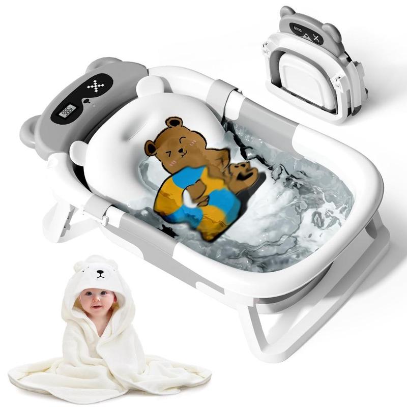 Portable Travel Baby Bath Tub for Toddler 0-36 Month,foldable Bathtub with Real-time Temp Monitor&Soft Cushion for Newborn
