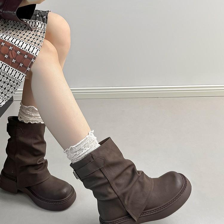 Leather Retro Pile Short Boots Women's 2025 Autumn New Thick-soled Martin Boots Summer Brown Boots Maillard Trouser Boots