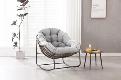 Patio Wicker Egg Rocking Chair, Comfy Rocker Chair with Thick Cushion, Modern Lounge Chair for Balcony, Front Porch, Garden, Backyard, Deck, Gray