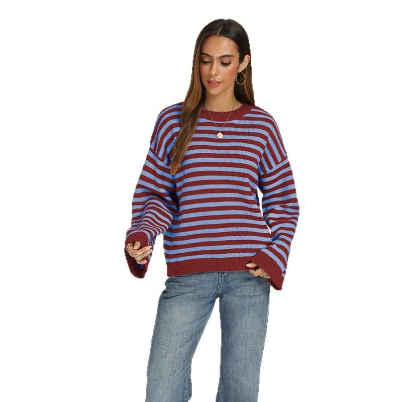 Women Loose Striped Pullover Sweater Crew Neck Long Sleeve Knitwear Autumn Winter