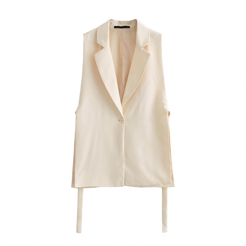 Women Vest Coat Turn-down Collar Sleeveless Loose Solid Color Single Button Cardigan Strap Decor Mid Length Commute Formal Suit