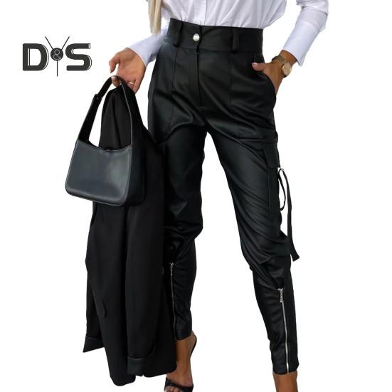 Женские брюки из гладкой искусственной кожи с декором на молнии, облегающие брюки с высокой талией, застежкой-молнией и пуговицами, с несколькими карманами, однотонные брюки-карандаш, длинные брюки