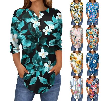 Женская свободная футболка с воротником на пуговицах и винтажным цветочным принтом, рукав три четверти