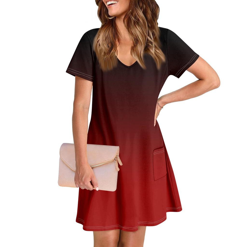 Ladies' Casual And Fashionable V-neck Short Sleeve Printing Mid Length Dress