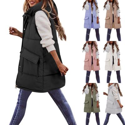 Женский и зимний хлопковый жилет, средней и длинной длины, однотонный жилет из хлопка с карманами