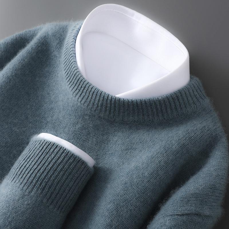 Men's Pure Wool Heavyweight Sweater, Round Neck, Loose Fit, Warm, Solid Color, Ideal Base Layer for Autumn/Winter.