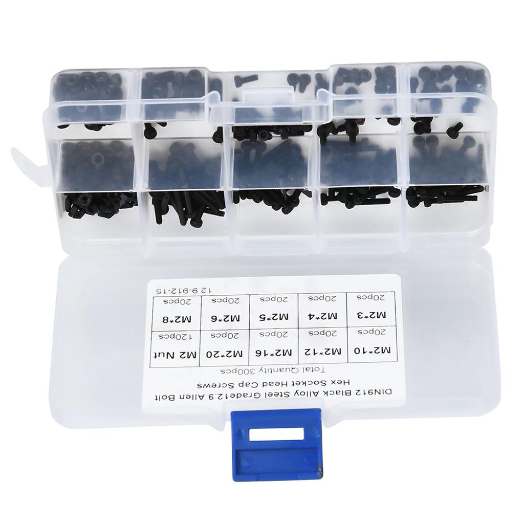 Комплект из 300 болтов и гаек M2 x 320 мм из черной легированной стали класса 12.9 с шестигранным углублением под ключ