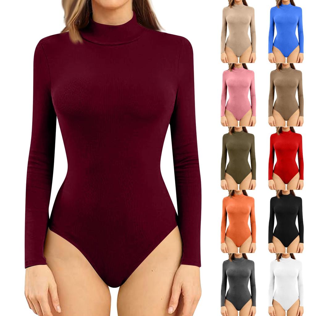 Women's One-piece T-shirt Slim Long Sleeve Half High Neck Solid Color Jumpsuit Top