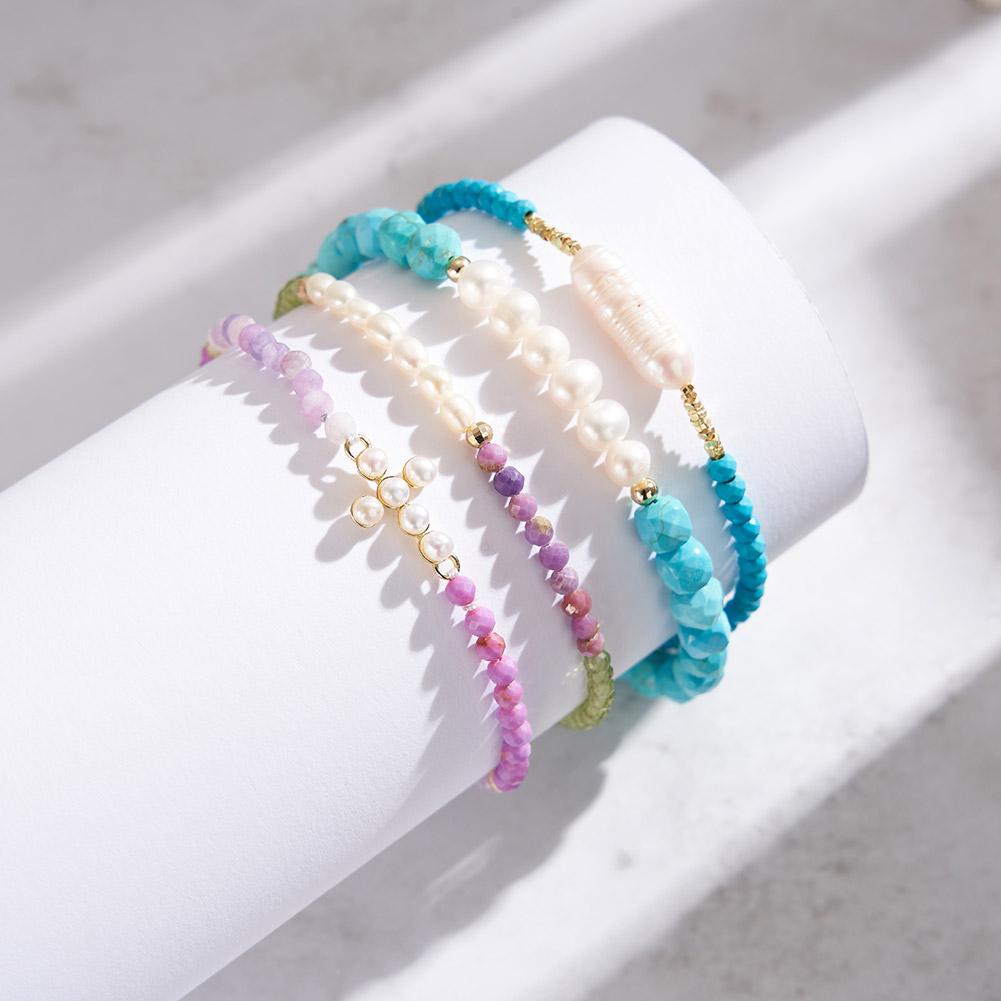 Simple S925 Sterling Silver Bracelet 4.8mm Turquoise Loop Chain Splicing Baroque Pearl Bracelet for Girls