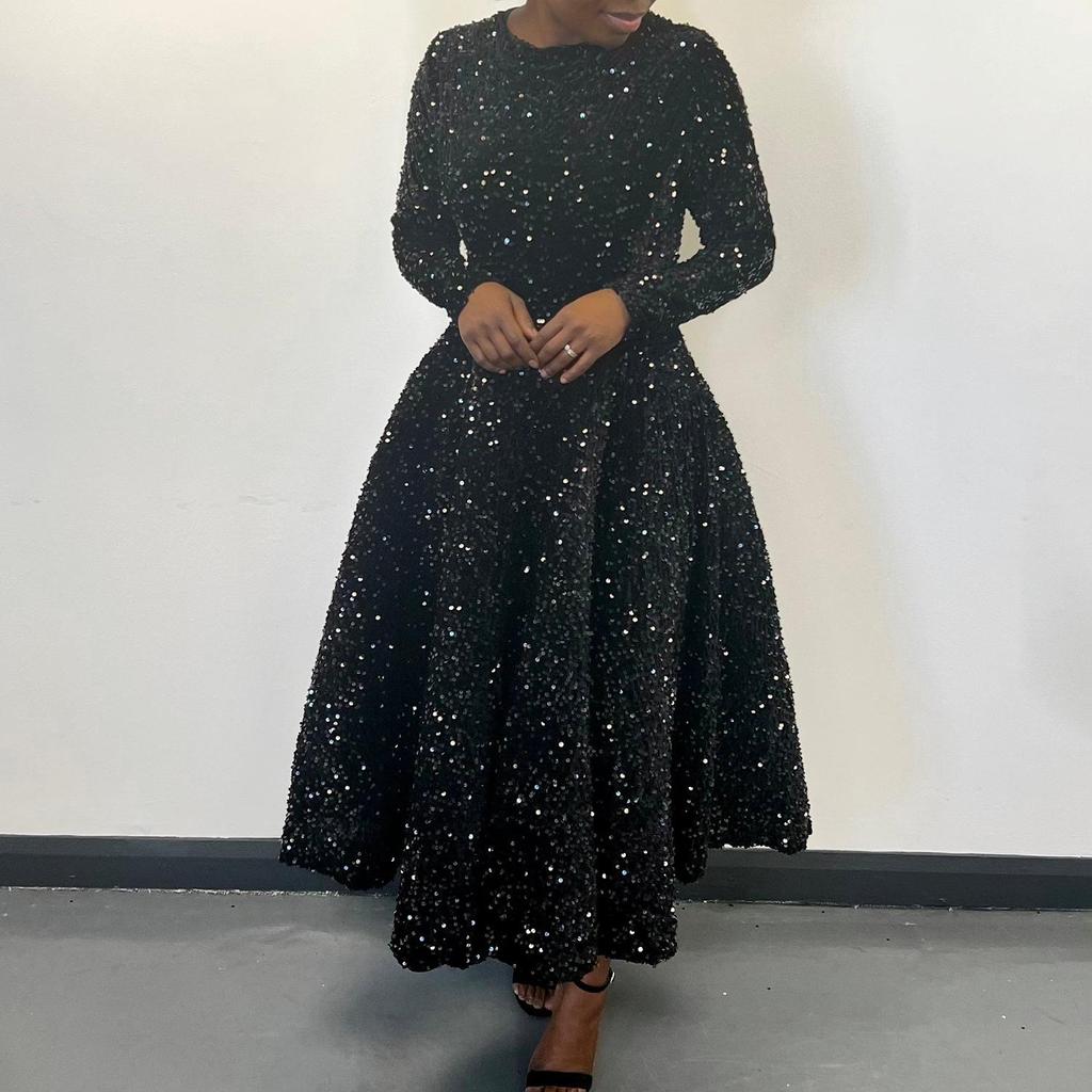 Женское длинное платье с круглым вырезом и высокой талией, с пайетками - европейский и американский стиль