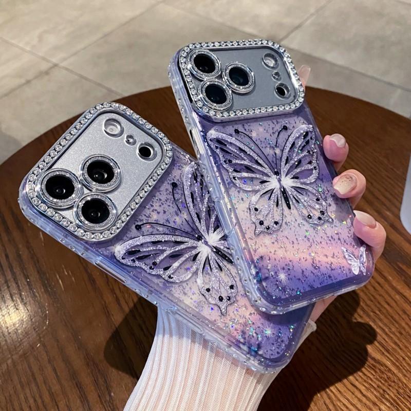 Women Girl's 3D Purple Butterfly Rhinestone Glitter Phone Case For iPhone 13 14 15 16 17 Pro Max Shockproof Protective Cover
