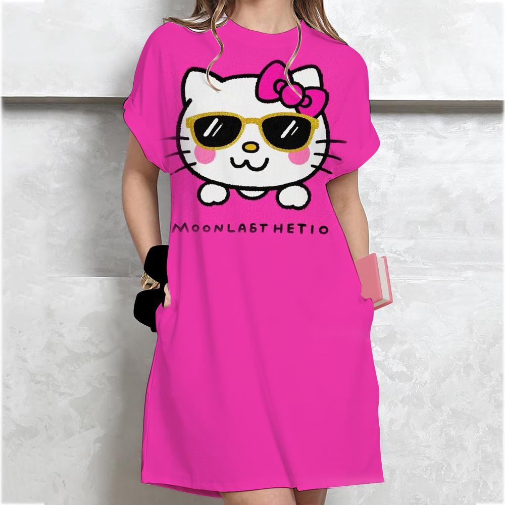 Женское Повседневное Платье-футболка с коротким рукавом Винтажный принт Hello Kitty Свободное Мини-платье Элегантное Простое Мини-платье Streetwear Сарафан