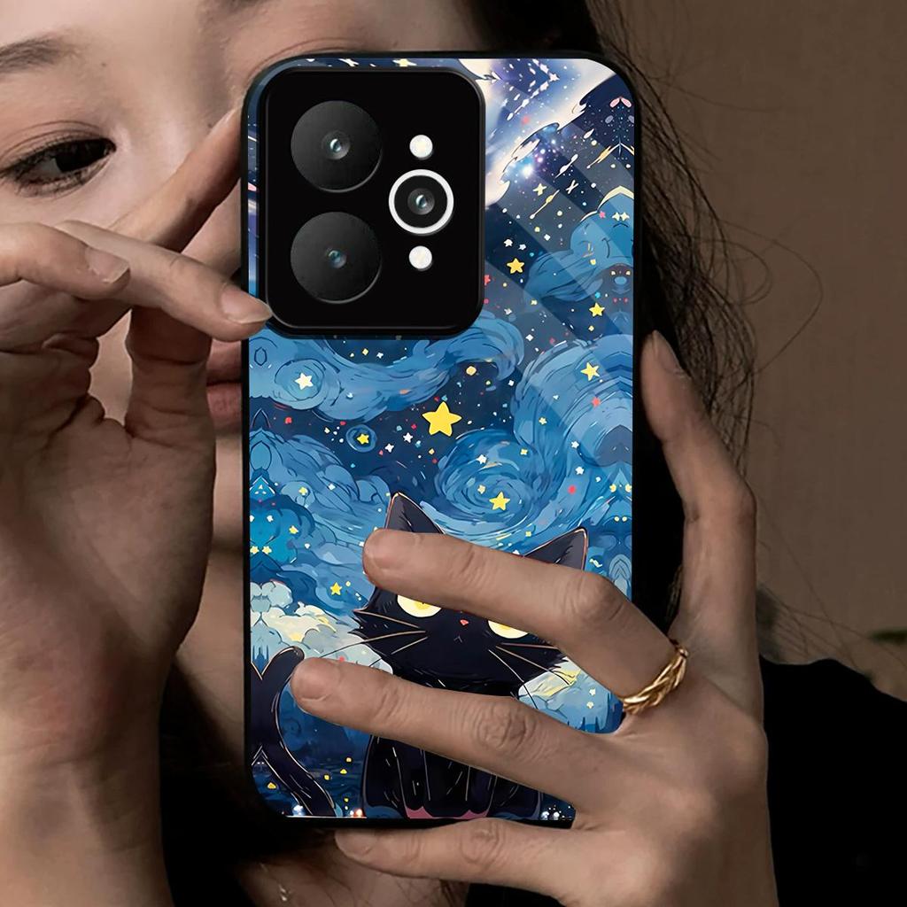 Чехол для realme 15 Pro 5G Аниме Черный Кот Звездное Облако Печать Чехол для Телефона Акриловая Жесткая Задняя Панель С Гибким Краем из ТПУ