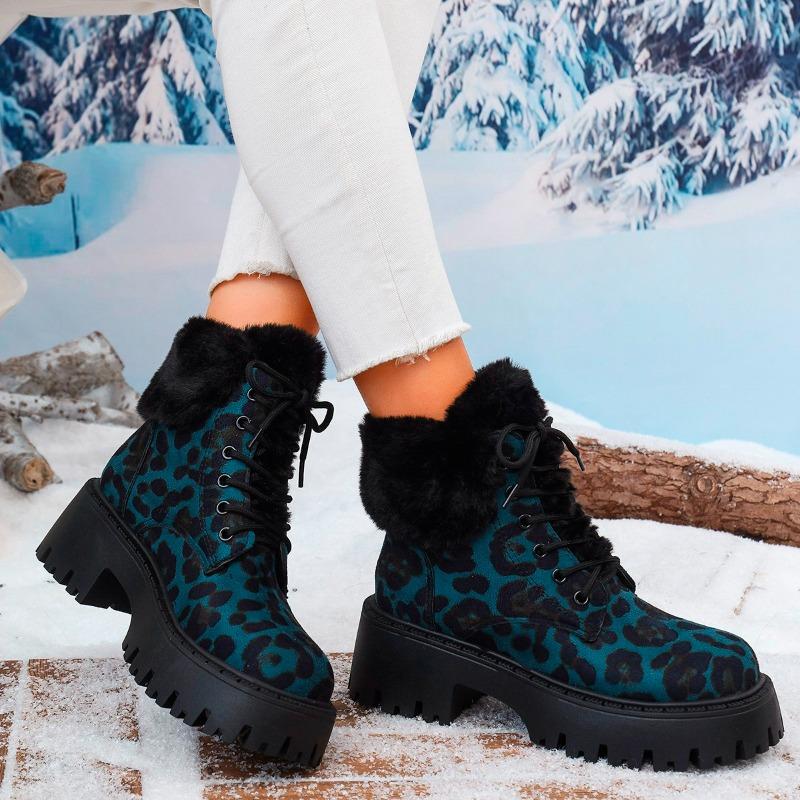 Fashion Women's Fashion Thick Heel Cotton Boots Winter New Round Head Leopard Print Front Lace-up Anti-slip Wear-resistant Short Boots