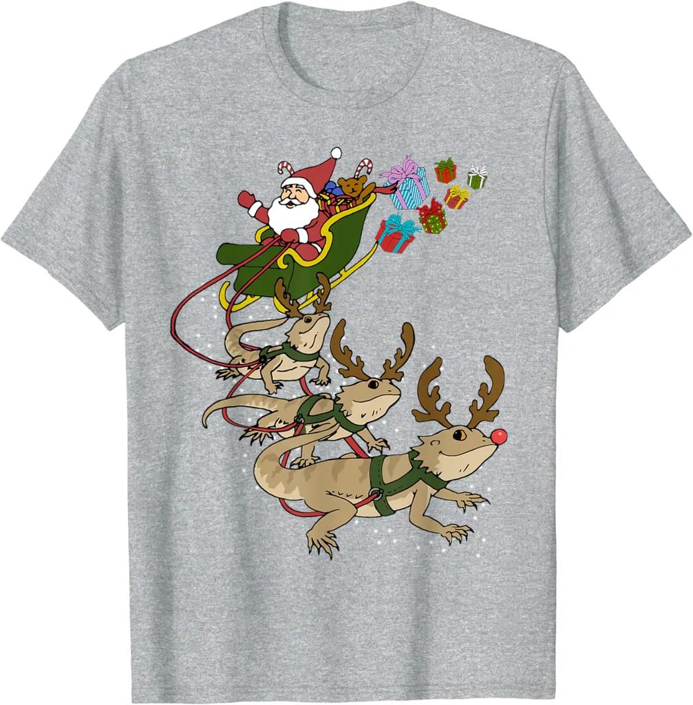 Funny Santa Reindeer Bearded Dragon Sleigh Christmas Gift T-Shirt 100% Cotton O-Neck Short Sleeve Casual Mens T-shirt Size S-3XL