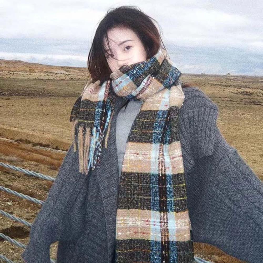 Classic Plaid Knitted Scarf Soft Women Thickened Scarf Soft Long Tassel Neckscarf  Couple