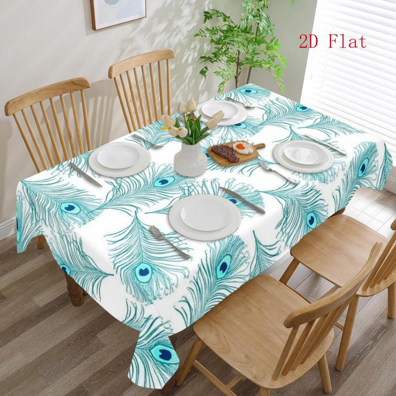 2D Flat 1pc Rectangular Blue Peacock Feather Tablecloth, Polyester Rectangular Tablecloth - Perfect Holiday Home Decor Item, Suitable for Parties, Ind