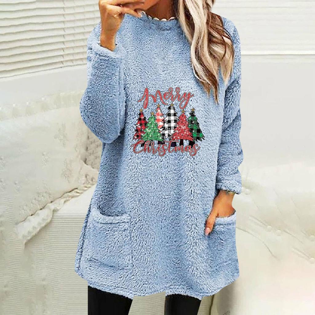 Women's Christmas Print Round Neck Long Sleeve Plush Hoodie with Pockets
