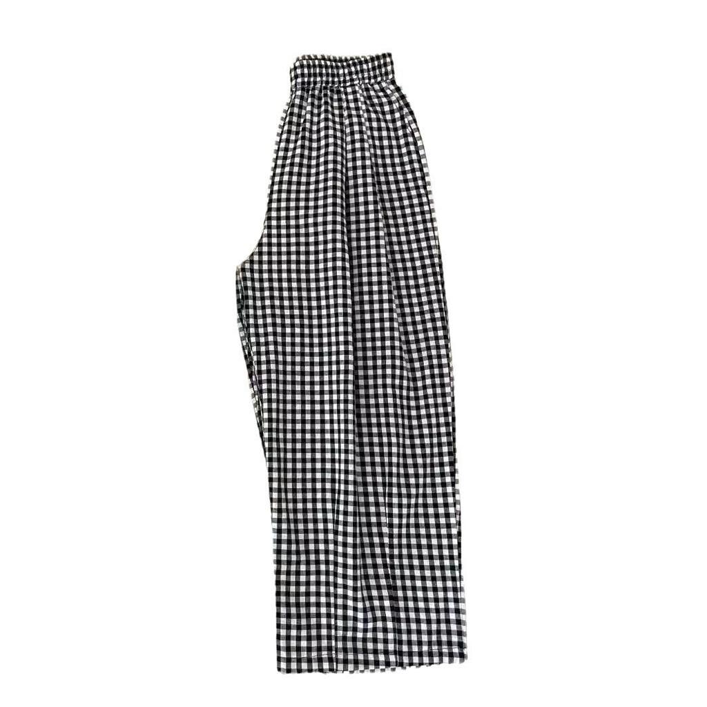 Women's Black & White Plaid High-Waisted Slimming Cotton-Linen Pants, Summer 2025 Style, Petite Nine-Point Length.