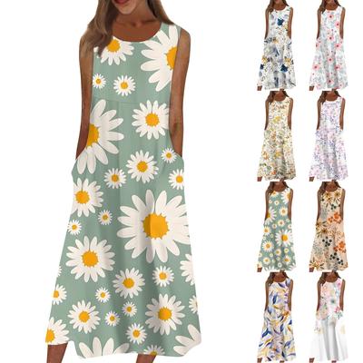 Жен. Повседневные платья с принтом Круглый вырез Классический Классический На открытом воздухе Повседневные Без рукавов Свободные платья