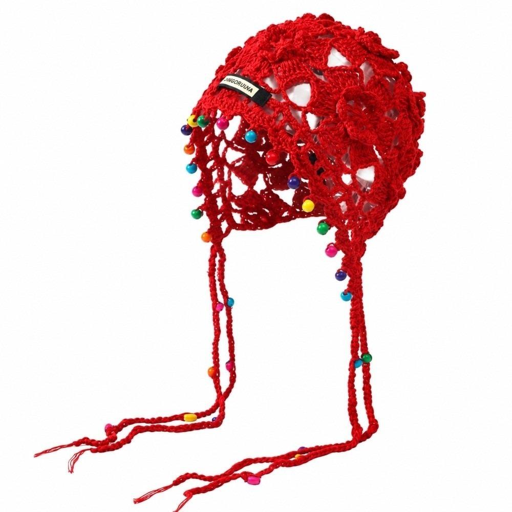 Color Bead Tassel Knitted Beanie Openwork Crochet Boho Hat Fashion Handmade Knit Hat Daily Wear