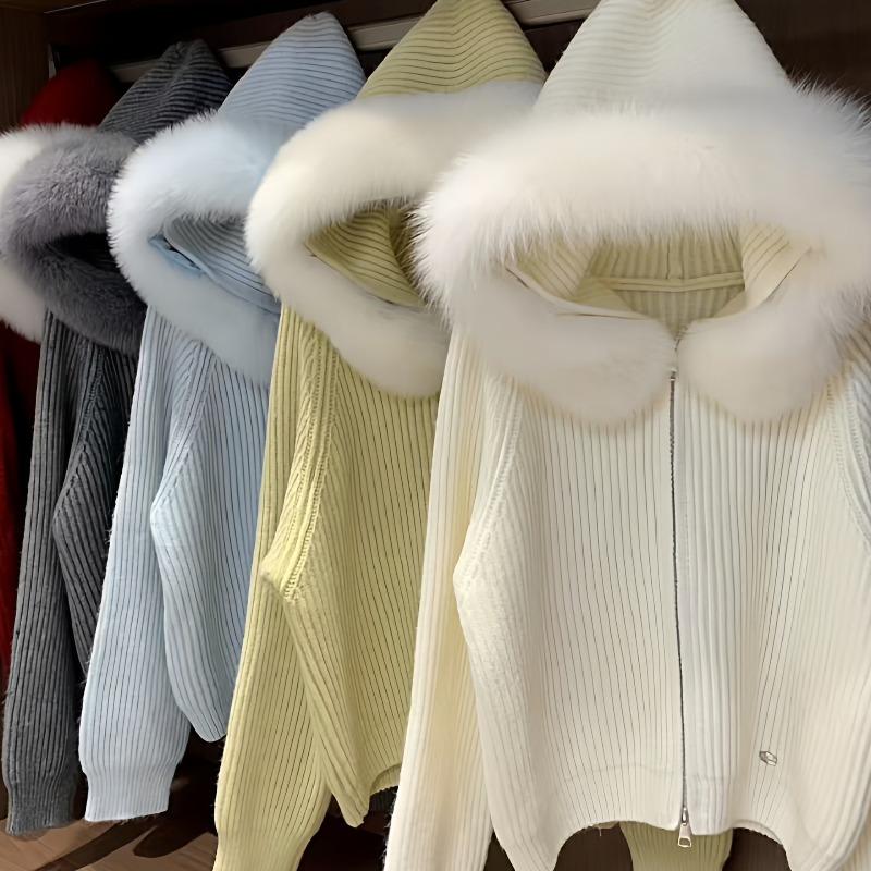 Big fur collar hooded zipper sweater women's coat, autumn and winter lazy style good-looking knitted cardigan