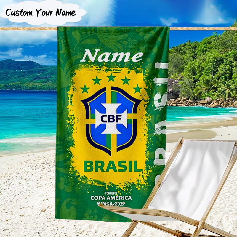 Custom Name Beach Towel Brazilian Football Championship Beach Towel, Suitable for Camping, Travel, Beach Accessories, Super Absorbent, Family Gift