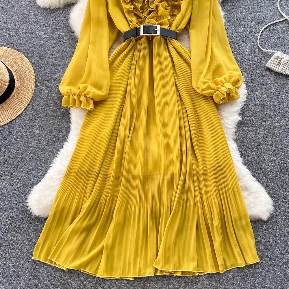 Женское весенне-осеннее платье в стиле ретро, ​​темпераментное плиссированное платье трапециевидной формы с v-образным вырезом и длинными рукавами на талии
