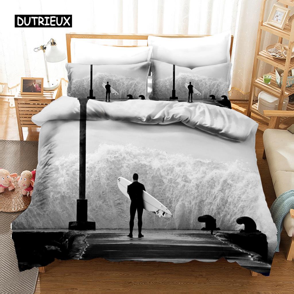Комплект постельного белья с изображением серфинга, комплект постельного белья с изображением досок для серфинга, молодежный комплект постельного белья с изображением океана и спорта для подростков, полиэстер, волны, серфинг, океан, королева, пододеяльник