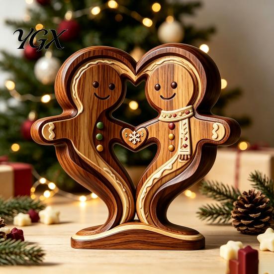 Solid Wood Holiday Table Decor Wooden Animal Ornament with Stable Base, Double Layer Carved Figurine, Handcrafted Carving Gifts Heart Shape Sculpture