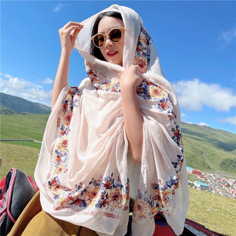 Ethnic Style Embroidered Thin Scarf Sun Protection Shawl For Beach Travel Vacation