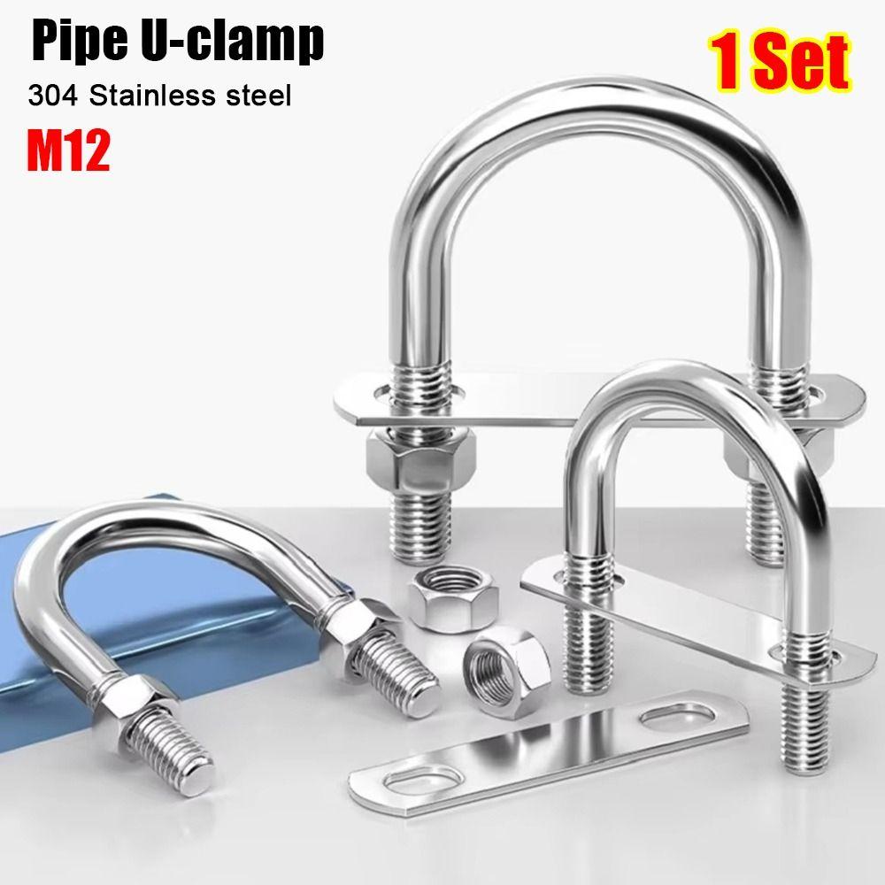 1Set New 304 Stainless Steel M12 Round Tube Clamp With Baffle Screws Pipe U-clamp Round Bolt for Round Tube