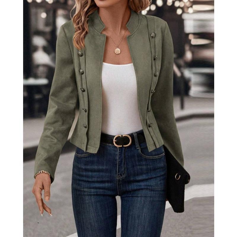 Осенняя женская однотонная двубортная декоративная куртка из оленьей кожи с длинными рукавами в винтажном стиле