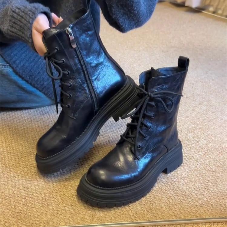 Cowhide version~ thick-soled Martin boots women's heightening short boots small black boots