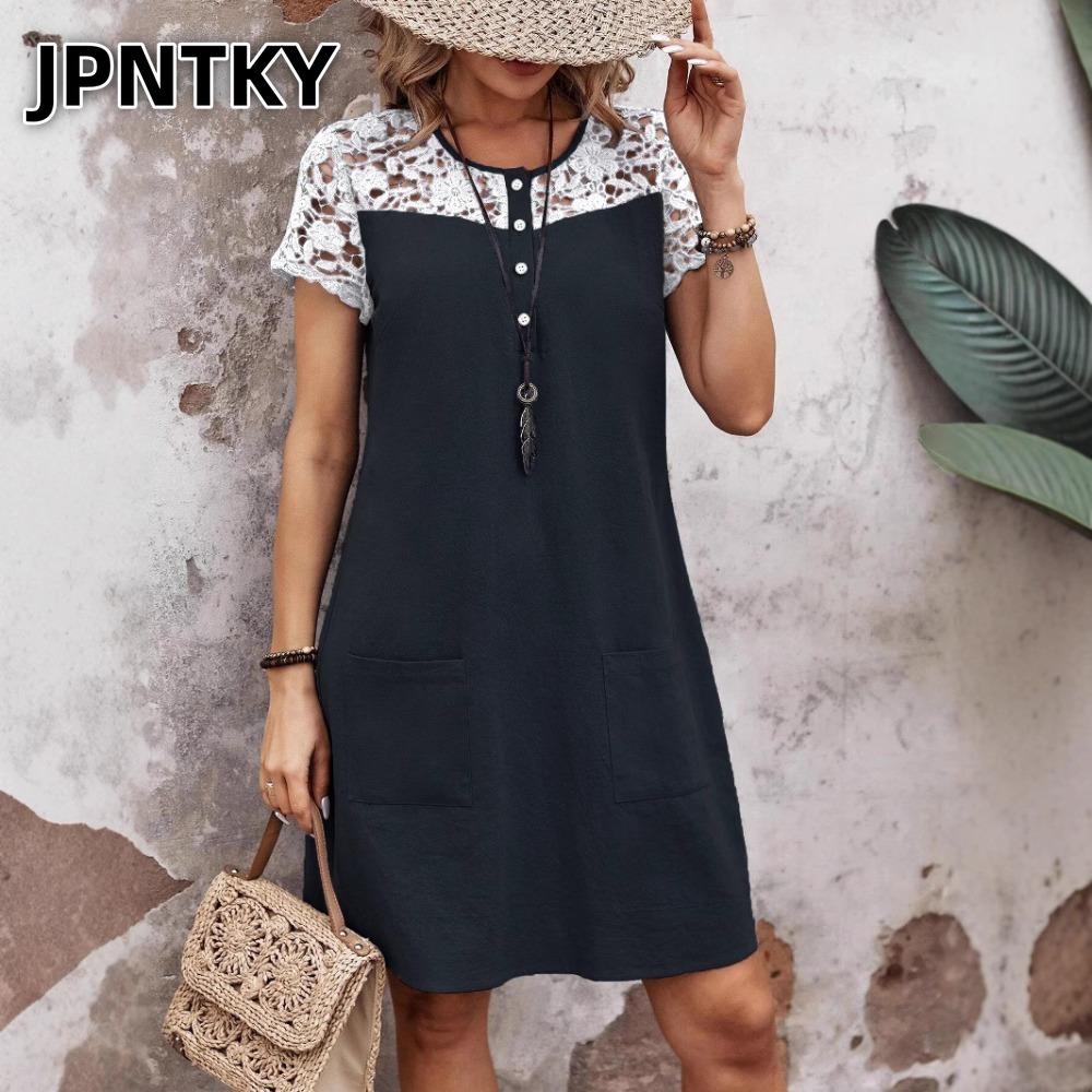 JPNTKY Модные Летние Весенние Повседневные Платья с Короткой Рукавой и Круглым Вырезом