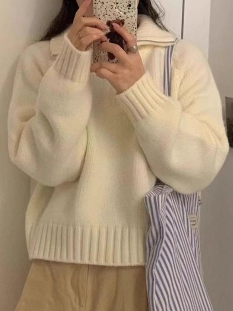 Дизайнерский свитер с полумолнией и лацканами, женский осенне-зимний новый корейский свитер со стоячим воротником, свободный, для ношения на улице