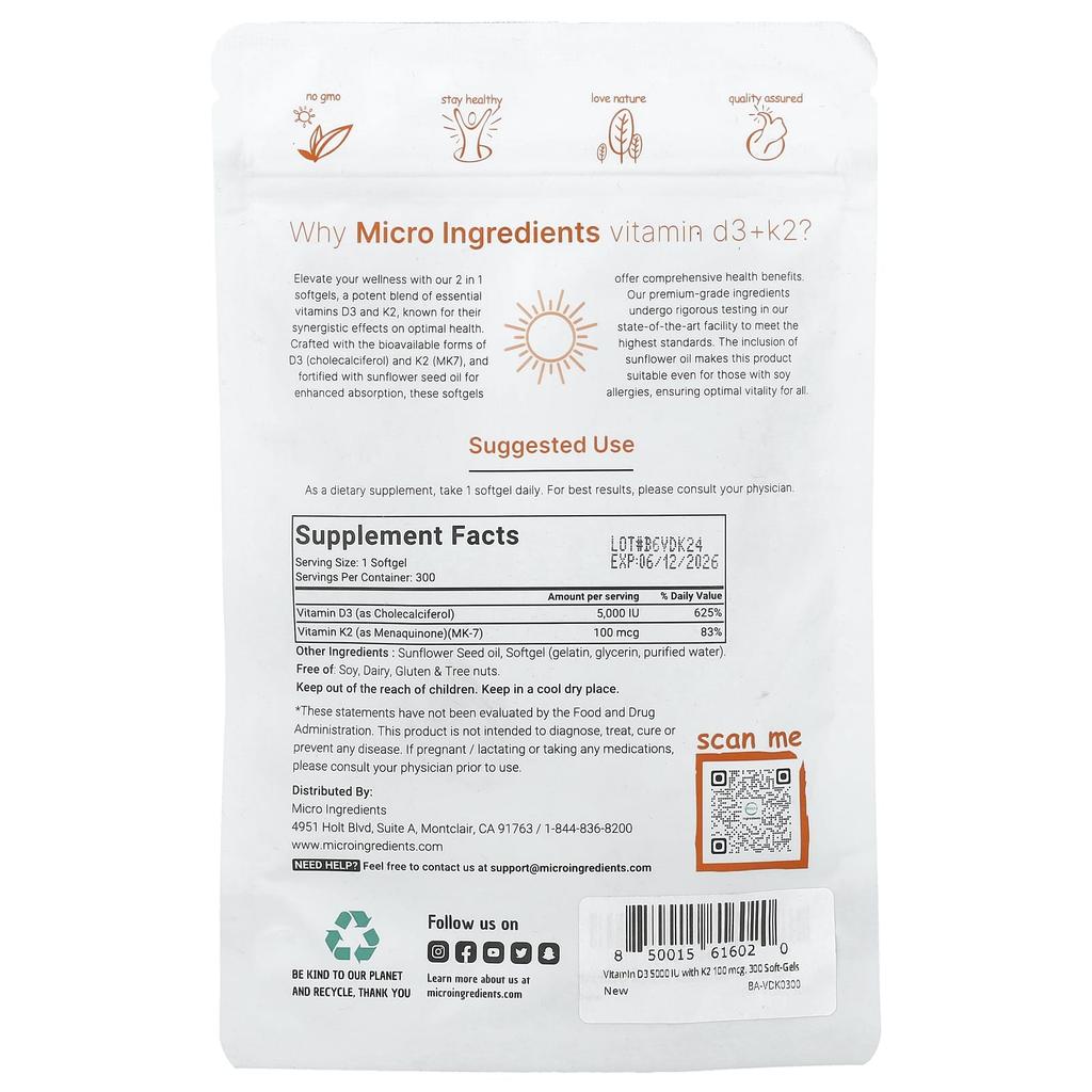 Micro Ingredients Витамин D3 + K2, 300 мягких капсул