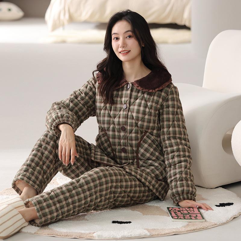 Тканая пижама из чистого хлопка с подкладкой, женская зимняя трехслойная утолщенная и бархатная зимняя домашняя одежда, теплый костюм