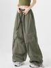 Women Big Pockets Cargo Pants Y2k High Elastic Waist Drawstring Baggy Trousers Vintage Casual Loose Wide Leg Straight Pants