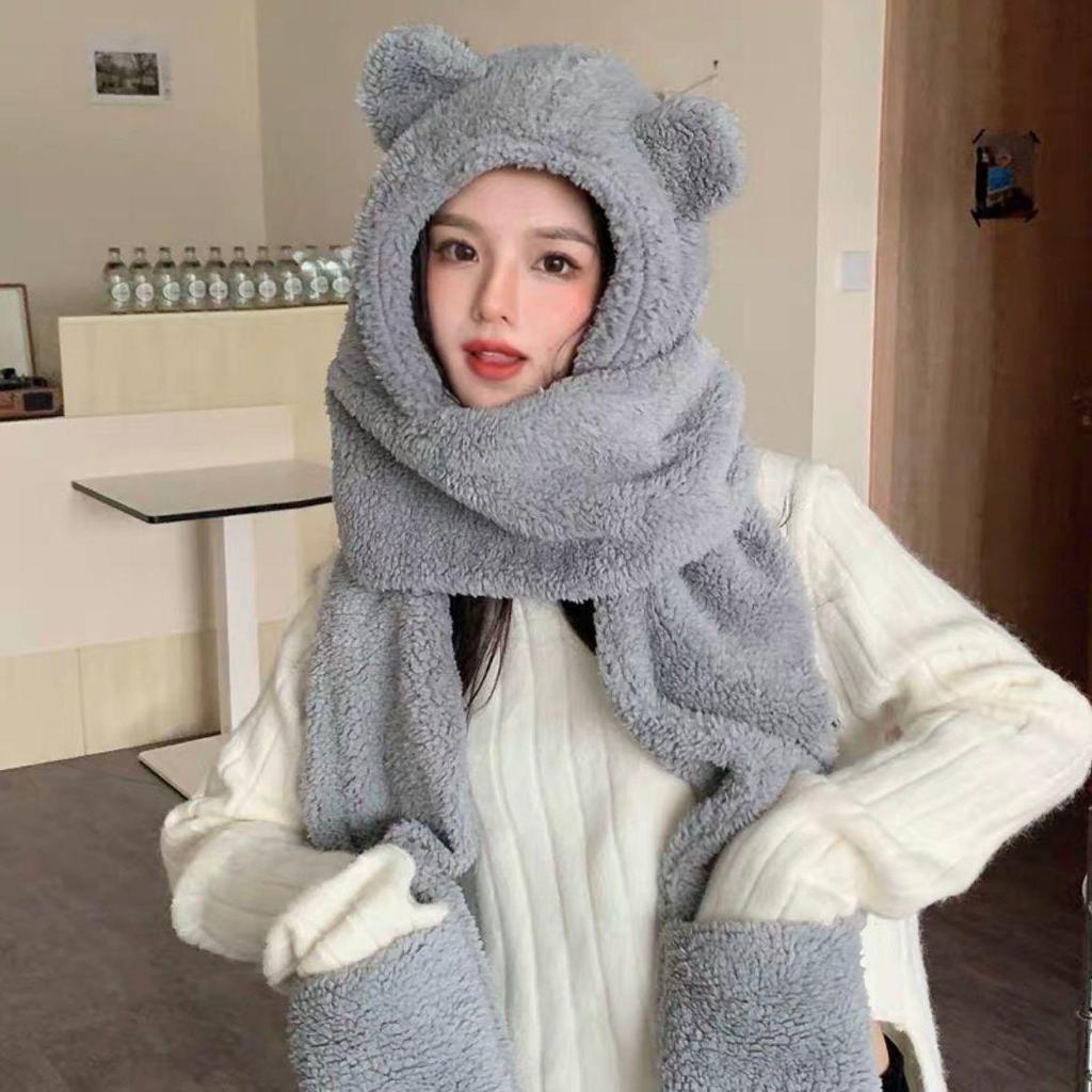 Милый комплект из шапки с ушками медведя, шарфа и перчаток, осенне-зимние женские шапки, теплые повседневные плюшевые шапки, теплые шапки из цельного флиса