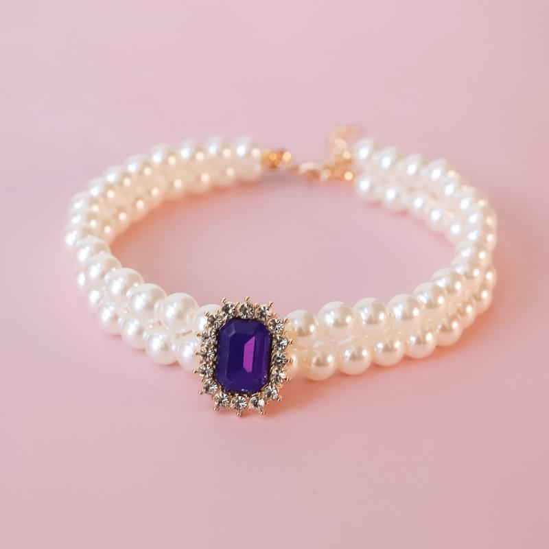Pet Collar Cat Dog Pearl Necklace Double Stacked Premium Protein Gem Set with Rhinestones