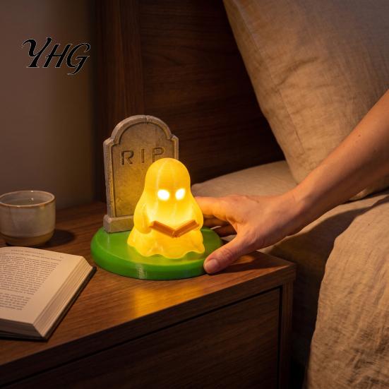 Dark Style Festive Table Decor Halloween Ghost Reading Lamp, 3D Printed Light Up And Tombstone Easy Assembly Holiday Figurine, Spooky Night